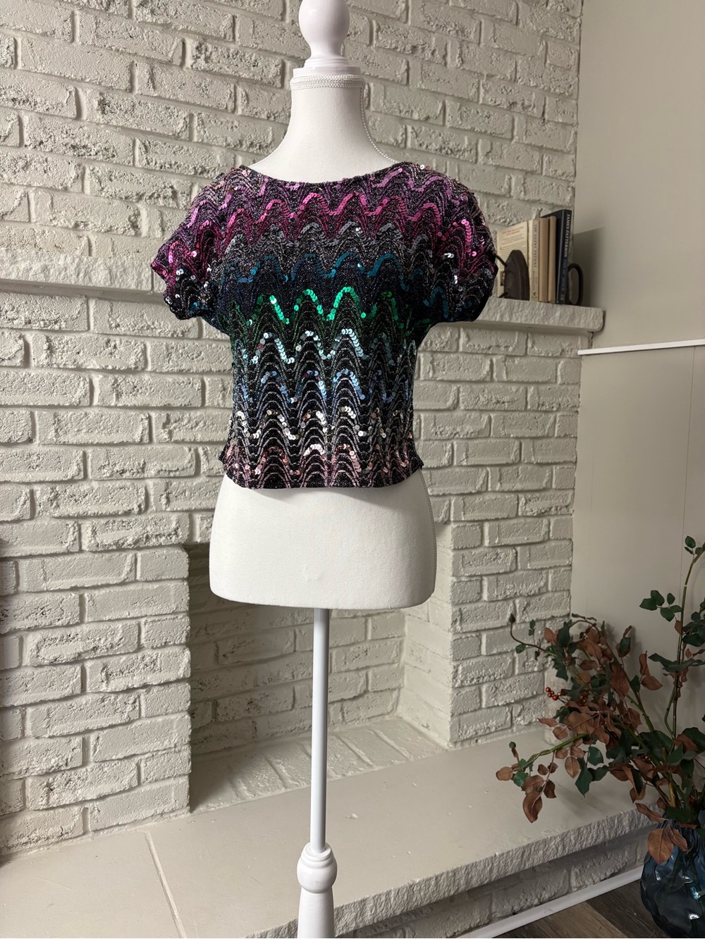 Vintage 80s Rhoda Lee Rainbow Sequin Disco Crop Top Small